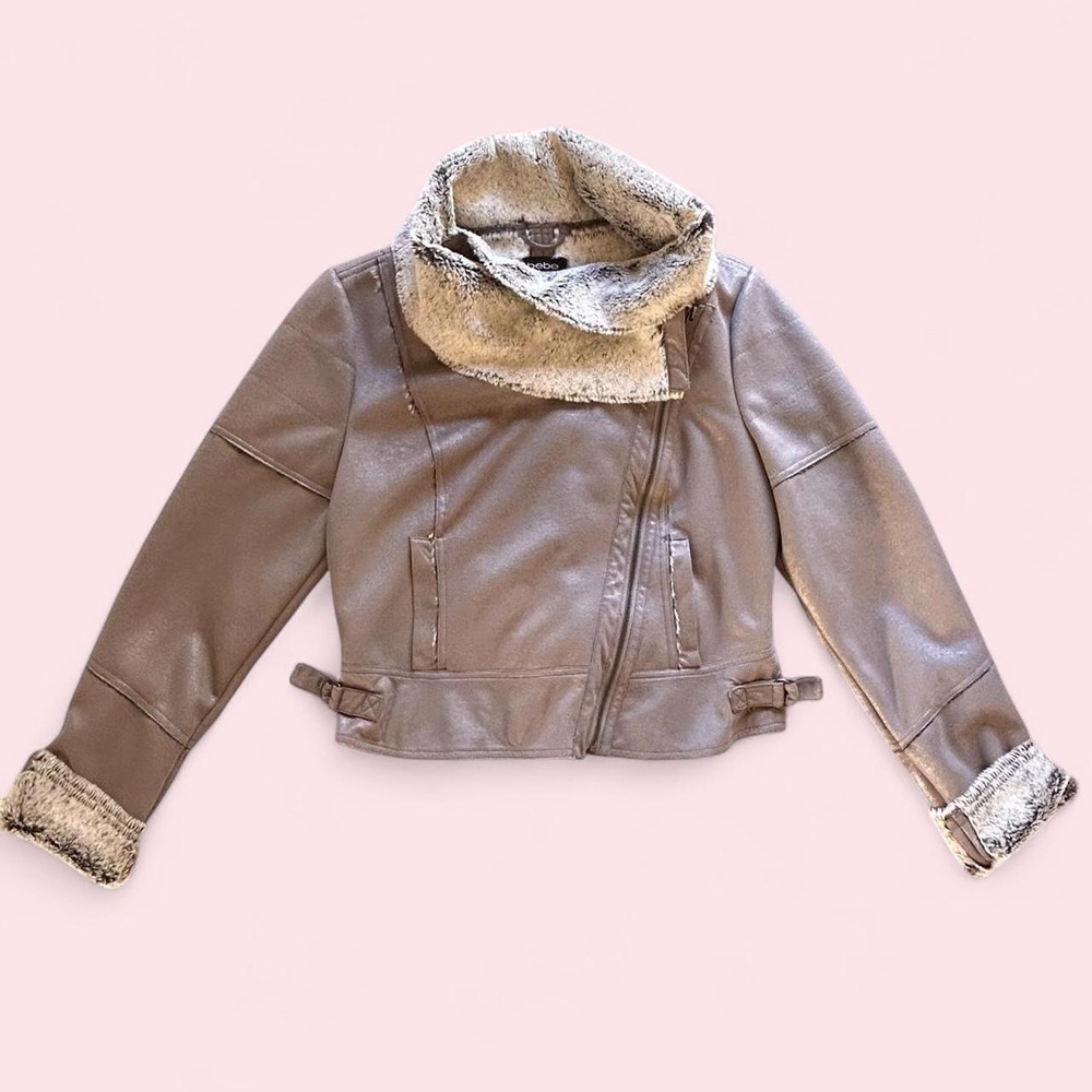 Bebe Faux Leather Fur Lined Moto Jacket Metallic Taupe Bronze Size M
